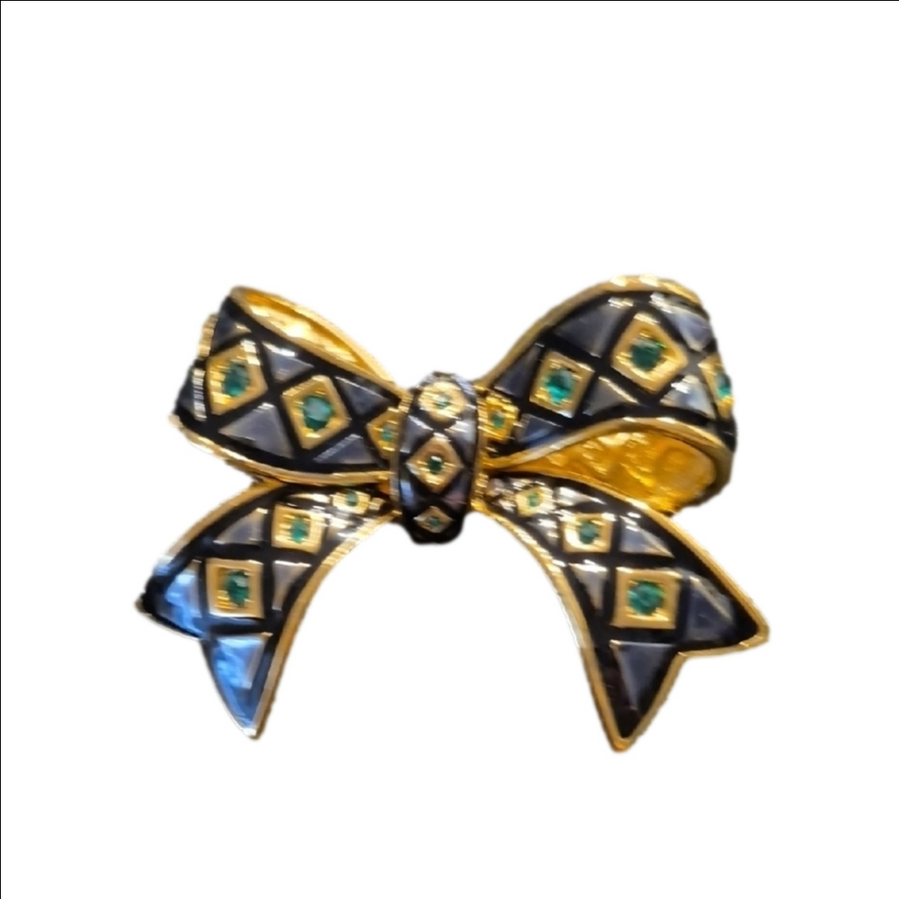 Vintage Joan Rivers Crystal And Enamel Gold and Blue Bow Brooch